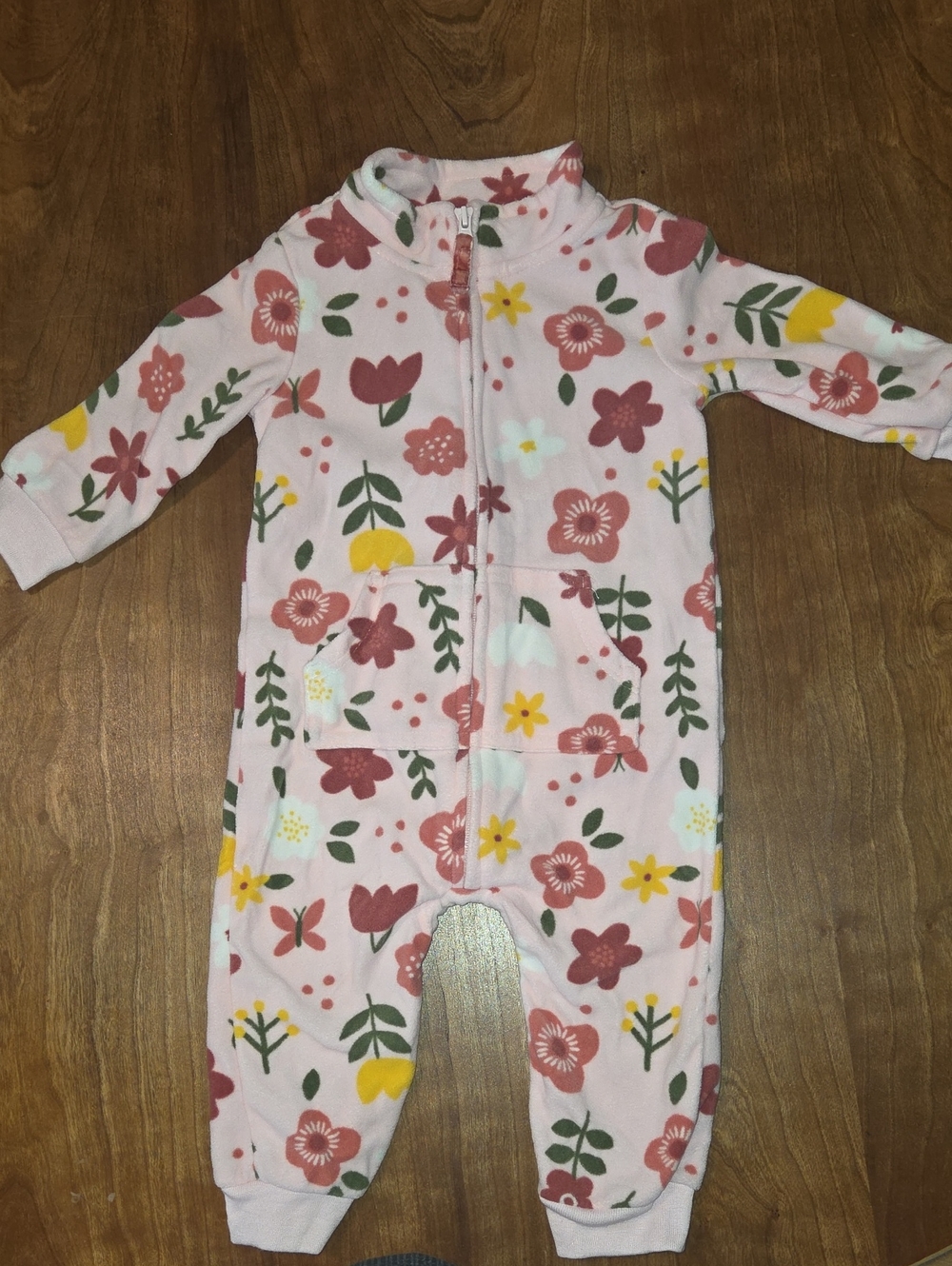 Girls Floral Zip-Front Footed One-Piece Pajama - Pink
